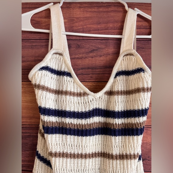 Freshman Womens Striped Crochet Knit Midi Dress White Navy Tan V-Neck Large - Picture 4 of 9